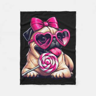 Cute Pug With Heart Sungles Bow Valentine Dog Mom  Fleece Blanket