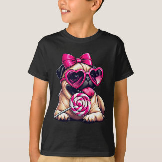 Cute Pug With Heart Sungles Bow Valentine Dog Mom  T-Shirt