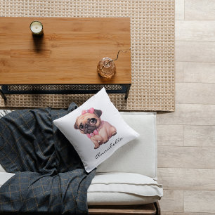 Cute Pug with Pink Bow Personalized Throw Pillow