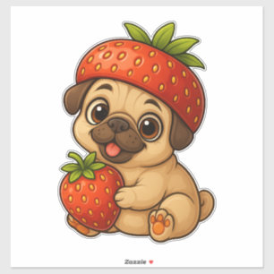 Cute pug with strawberries fruity funny cartoon