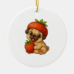 Cute pug with strawberries fruity funny cartoon ceramic ornament