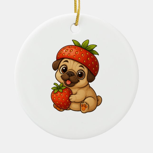 Cute pug with strawberries fruity funny cartoon ceramic ornament (Front)