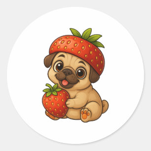 Cute pug with strawberries fruity funny cartoon classic round sticker
