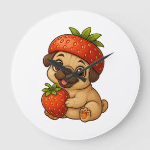 Cute pug with strawberries fruity funny cartoon large clock