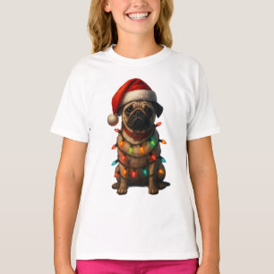 Cute Pug Wrapped in Christmas Lights Wearing Santa T-Shirt