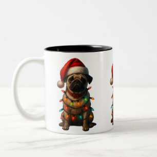 Cute Pug Wrapped in Christmas Lights Wearing Santa Two-Tone Coffee Mug