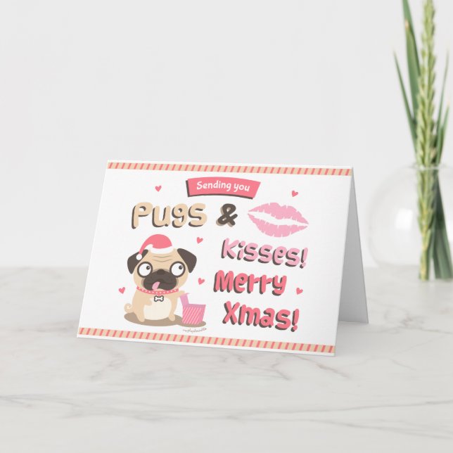 Cute Pugs and Kisses Merry Xmas Greeting Card (Front)