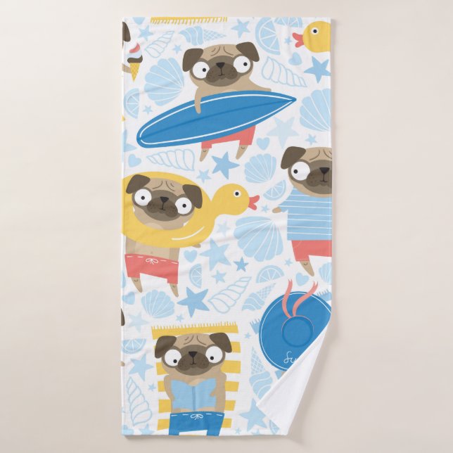 Cute pugs on vacation. pattern with cartoon pug on bath towel (Bath Towel)