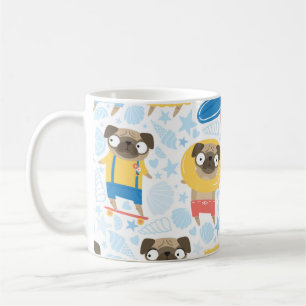 Cute pugs on vacation. pattern with cartoon pug on coffee mug