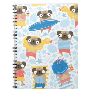 Cute pugs on vacation. pattern with cartoon pug on notebook