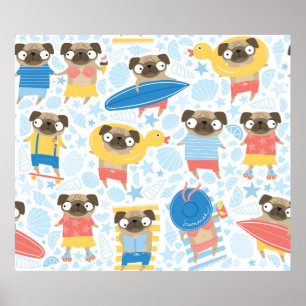 Cute pugs on vacation. pattern with cartoon pug on poster