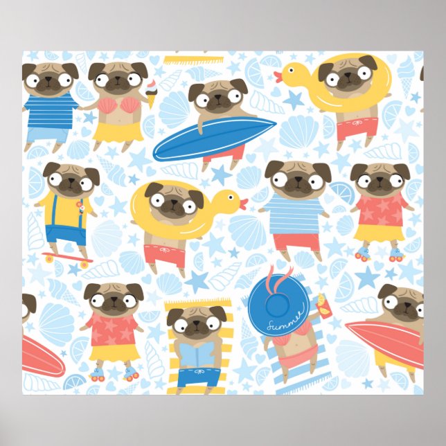 Cute pugs on vacation. pattern with cartoon pug on poster (Front)