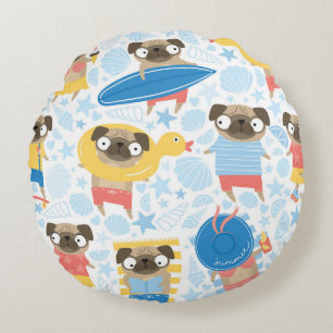 Cute pugs on vacation. pattern with cartoon pug on round pillow