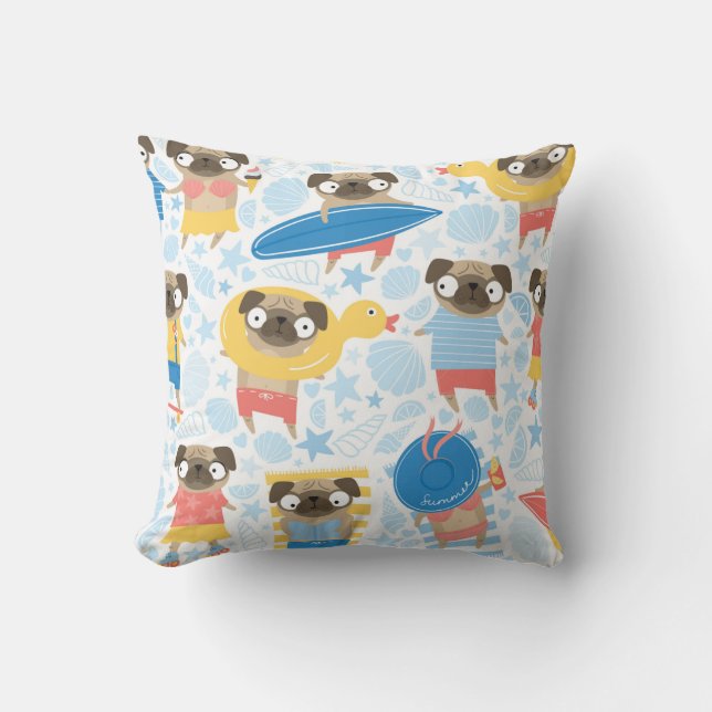 Cute pugs on vacation. pattern with cartoon pug on throw pillow (Front)