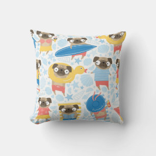 Cute pugs on vacation. pattern with cartoon pug on throw pillow