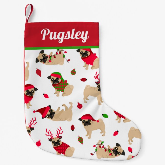 Cute Pugs White Small Christmas Stocking (Front)