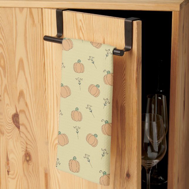 Cute Pumpkin and Fall Foliage Pattern  Kitchen Towel (Thirds Fold)