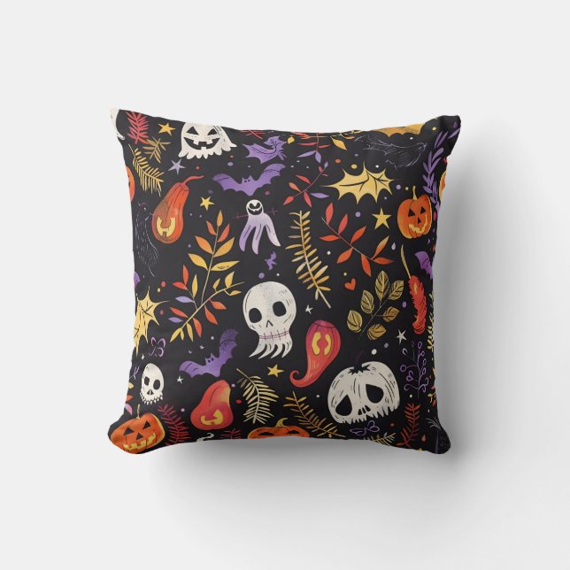 Cute Pumpkin and Skull Pattern Throw Pillow (Front)