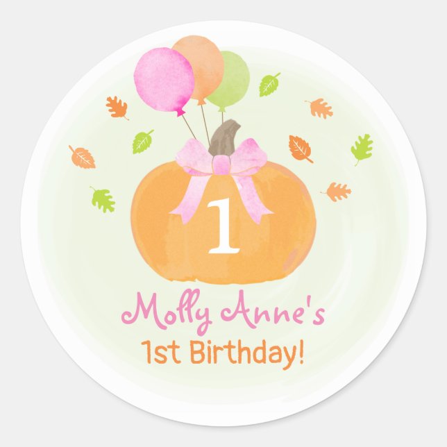 Cute Pumpkin & Balloons Fall 1st Birthday Girl Classic Round Sticker (Front)