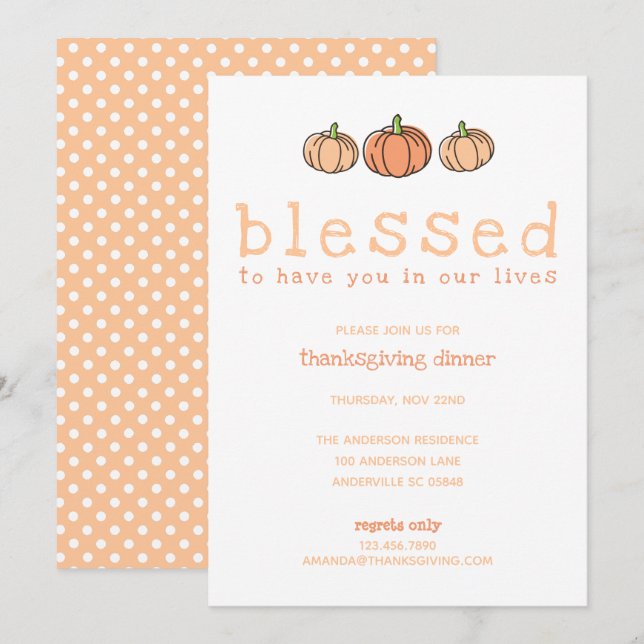 Cute Pumpkin Blessed Polka Dots Thanksgiving Invitation (Front/Back)