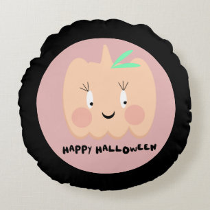 Cute Pumpkin Blushing Lettering Happy Halloween    Round Pillow