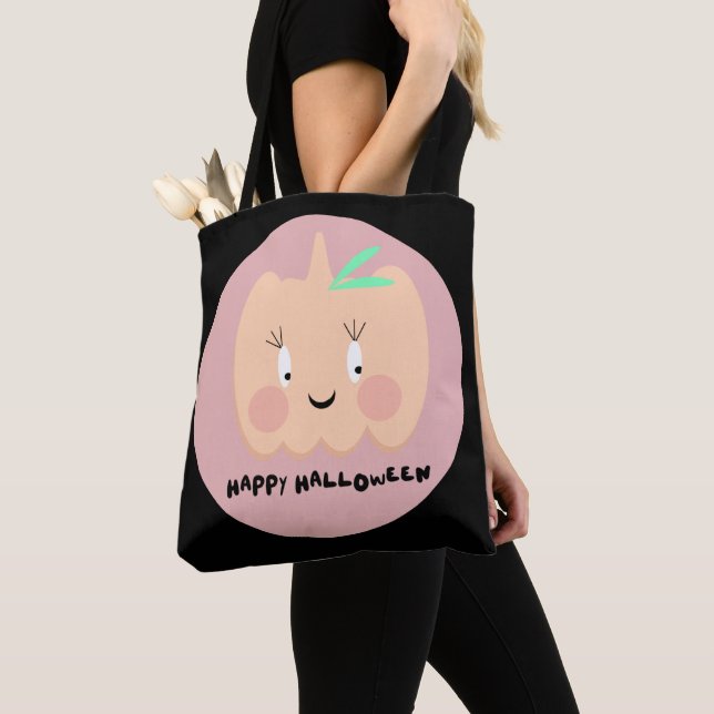 Cute Pumpkin Blushing Lettering Happy Halloween   Tote Bag (Close Up)