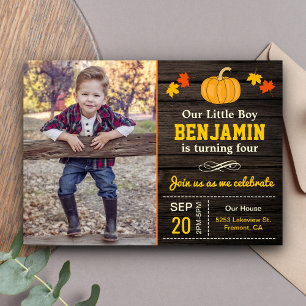 Cute Pumpkin Boy Autumn Birthday Photo Invitation