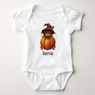 Cute Pumpkin Cat Jack O Lantern Halloween Name Baby Bodysuit