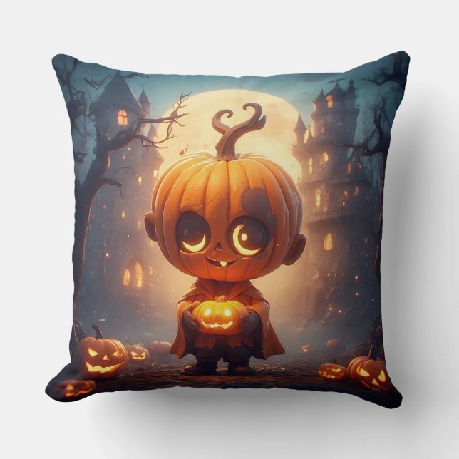 Cute Pumpkin Character in Spooky Halloween Setting Throw Pillow (Front)