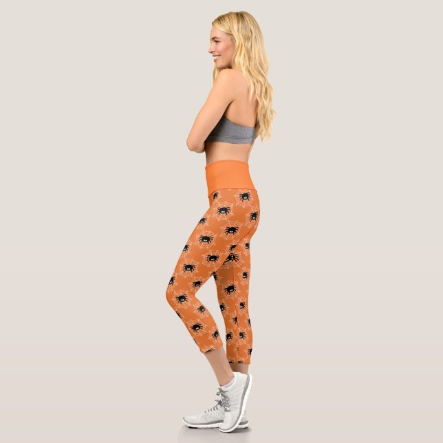 Cute Pumpkin Colour Pattern Spider Webs Halloween Capri Leggings (Left)