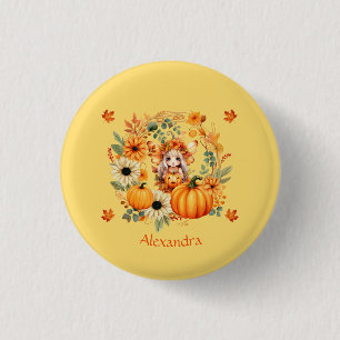 Cute Pumpkin Fairy in Autumn Wreath 1 Inch Round Button