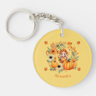 Cute Pumpkin Fairy in Autumn Wreath Keychain