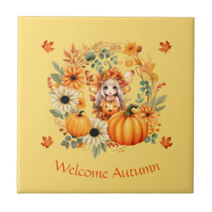 Cute Pumpkin Fairy in Autumn Wreath Tile