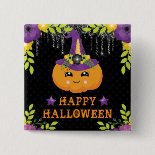 Cute Pumpkin Floral Happy Halloween 2 Inch Square Button