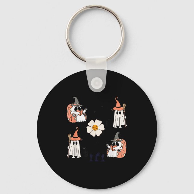 Cute Pumpkin Ghost Boo Cat Bats Pattern Halloween  Keychain (Front)