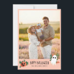Cute Pumpkin Ghost Happy Halloween Photo Holiday Card<br><div class="desc">Wish your friends and family a happy Halloween with this blush pink photo card you personalize with a big family photo. A happy pumpkin and a cute ghost flank the charming text.</div>