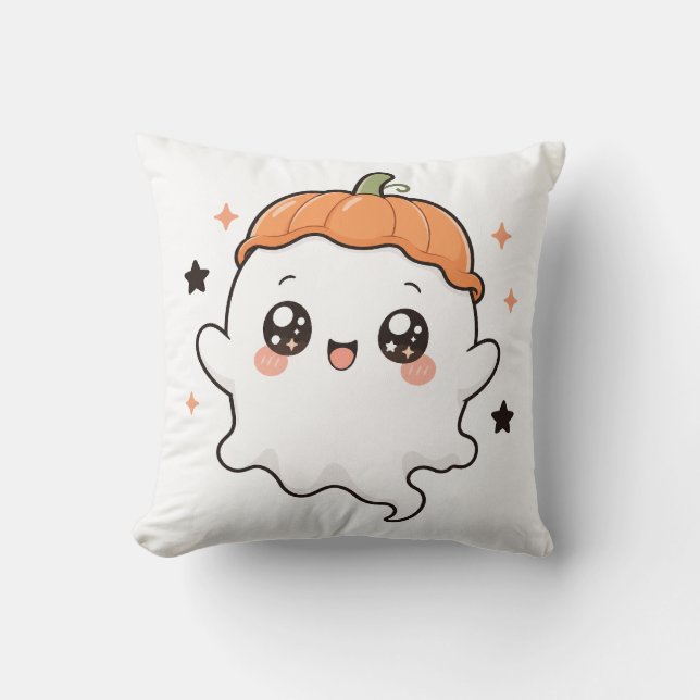 : Cute Pumpkin Ghost Tee Throw Pillow (Front)