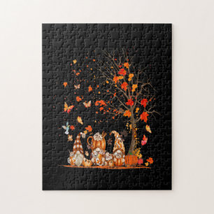 Cute Pumpkin Gnomes Autumn Tree Fall Leaves Jigsaw Puzzle