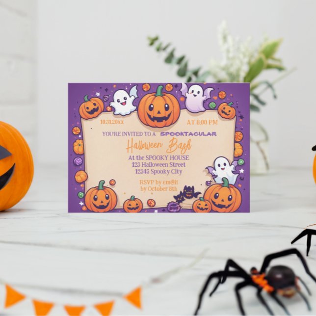 Cute pumpkin Halloween Bash Orange Purple Invitation (Creator Uploaded)