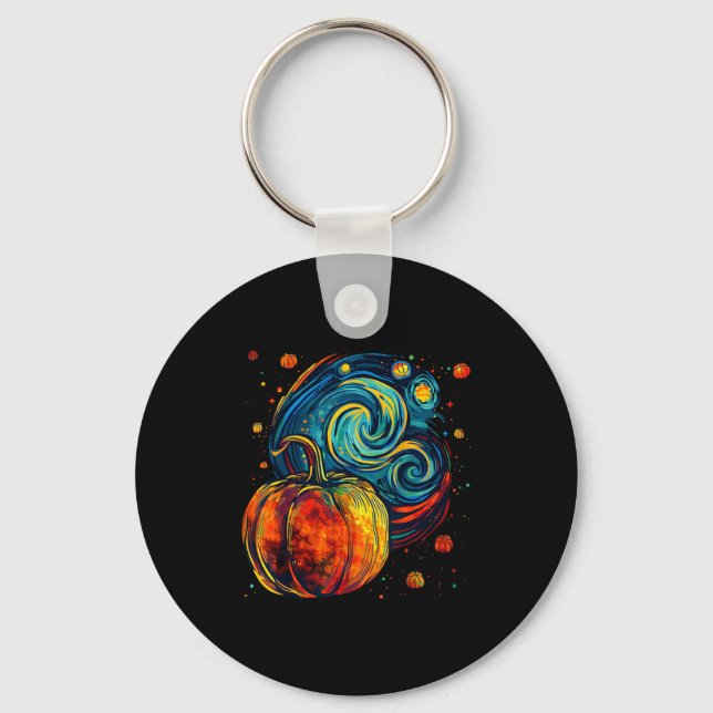 Cute Pumpkin Halloween Thanksgiving Starry Night V Keychain (Front)