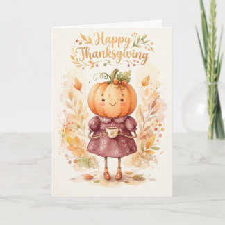 Cute Pumpkin Head Girl Holding A Mug Holiday Card