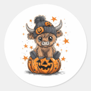 Cute Pumpkin Highland Cow Halloween Cow Lover Boy Classic Round Sticker