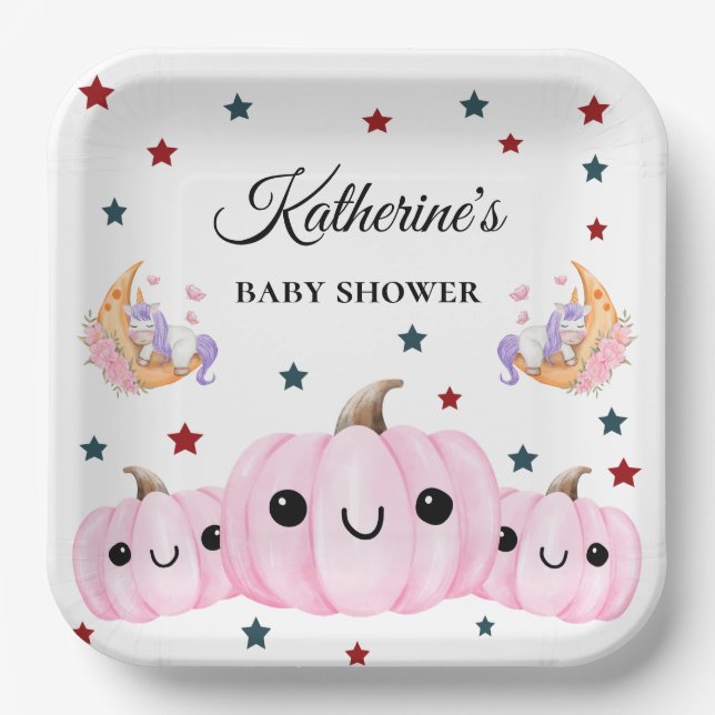Cute Pumpkin Is On The Way | Halloween Baby Shower Paper Plate (Front)