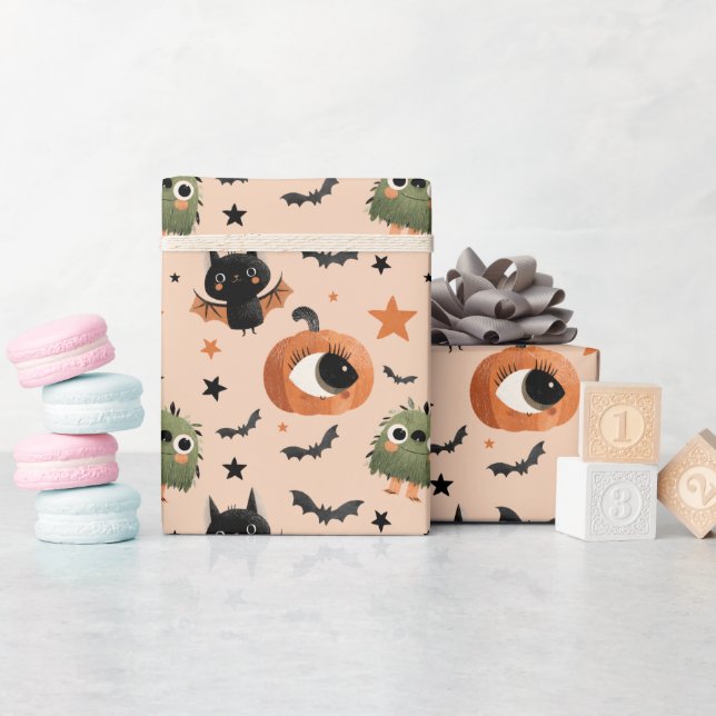 Cute Pumpkin Monster and Bat Pattern Halloween  Wrapping Paper (Baby Shower)