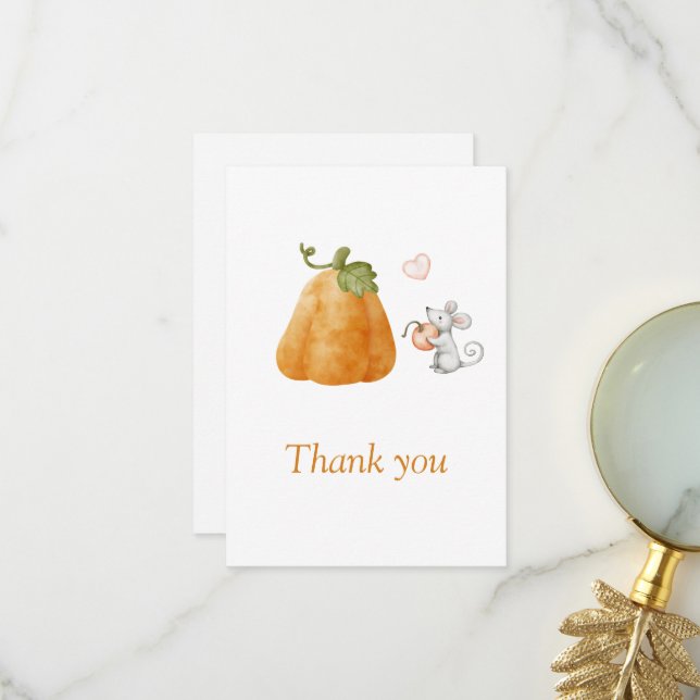 Cute Pumpkin Mouse Fall Baby Shower Thank You Card (Front/Back In Situ)