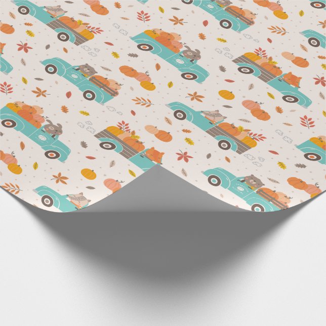 Cute Pumpkin Patch Trucks with Animals cream Wrapping Paper (Corner)