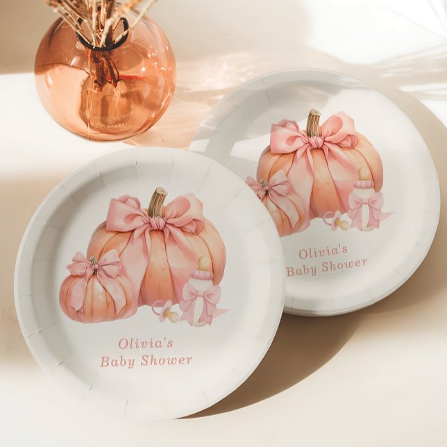 Cute Pumpkin Pink Bow Baby Shower Paper Plate (Creator Uploaded)