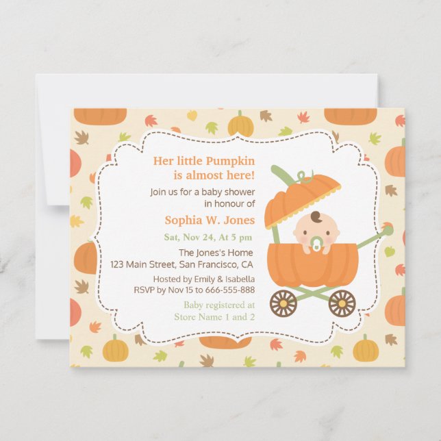 Cute Pumpkin Stroller Fall Baby Shower Invitations (Front)