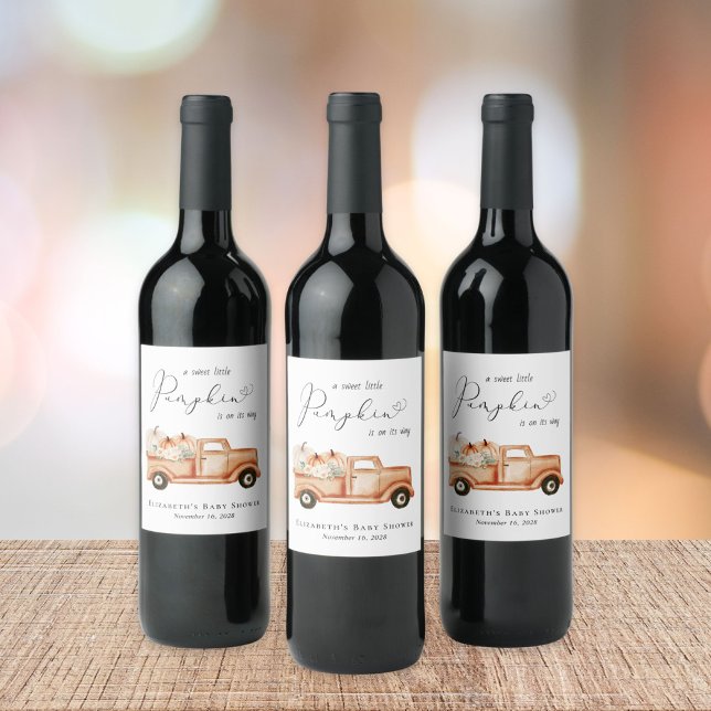 Cute Pumpkin Truck Watercolor Baby Shower Wine Label (Creator Uploaded)