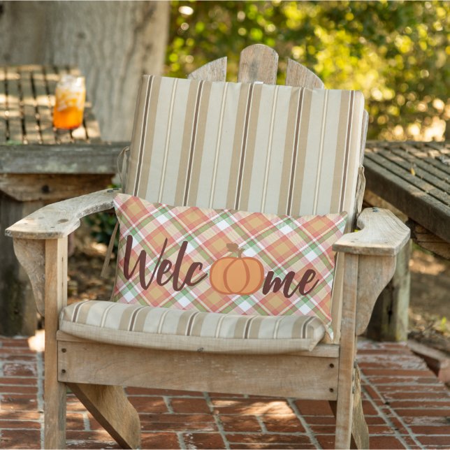 Cute Pumpkin Welcome Fall Orange Green Gingham Lumbar Pillow (Chair)